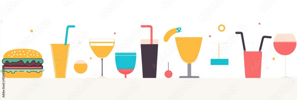 Poster a variety of drinks and burgers are artistically displayed on a simple background, highlighting a ch