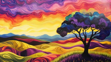 Fototapeta premium Stunning landscape featuring Aboriginal art of the Australian flag, painted against the backdrop of rolling hills and vibrant skies