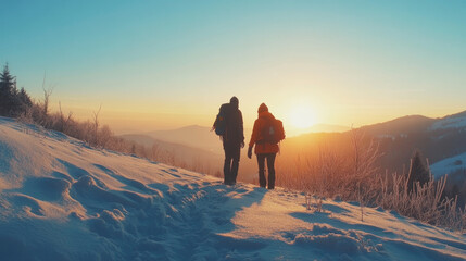 Adventurous winter hike at sunrise in snow-covered mountain landscape