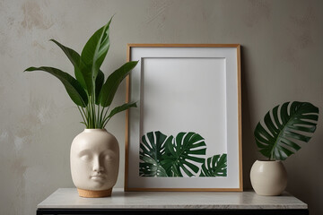 Minimalistic Composition: Mock-Up Frame and Tropical Leaves in Elegant Vase