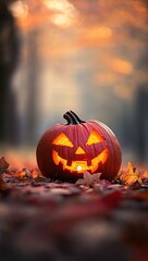 Naklejka premium Halloween pumpkin in autumn forest. Jack-o-lantern