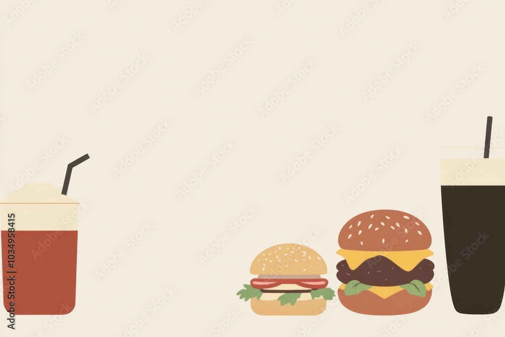 Poster a selection of delicious burgers accompanied by refreshing beverages is displayed against a soft, mi