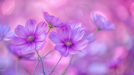 Obraz premium Purple Cosmos Flowers in Full Bloom with Soft Pink Bokeh..