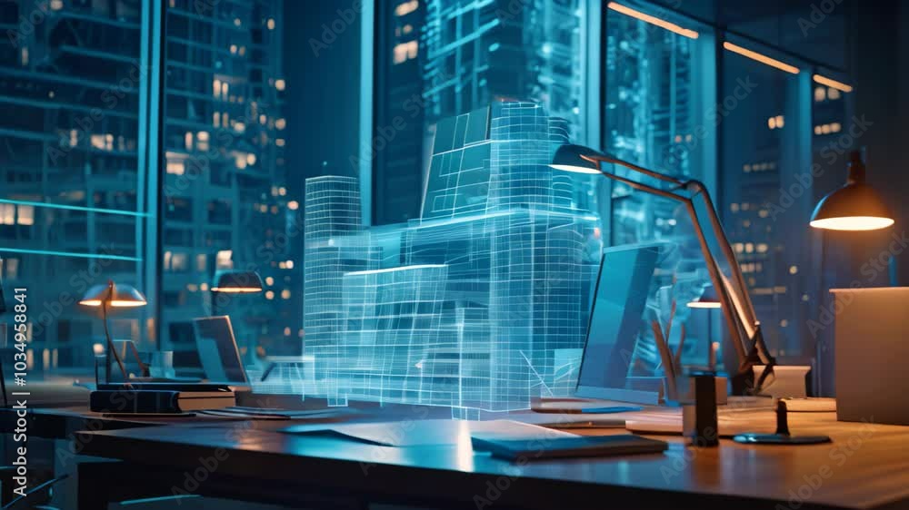 Poster a desk featuring a laptop and a lamp, creating a simple workspace, holographic projection of archite