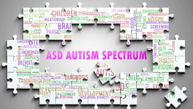 Asd Autism Spectrum as a complex subject, related to important topics. Pictured as a puzzle and a word cloud made of most important ideas and phrases related to asd autism spectrum. ,3d illustration