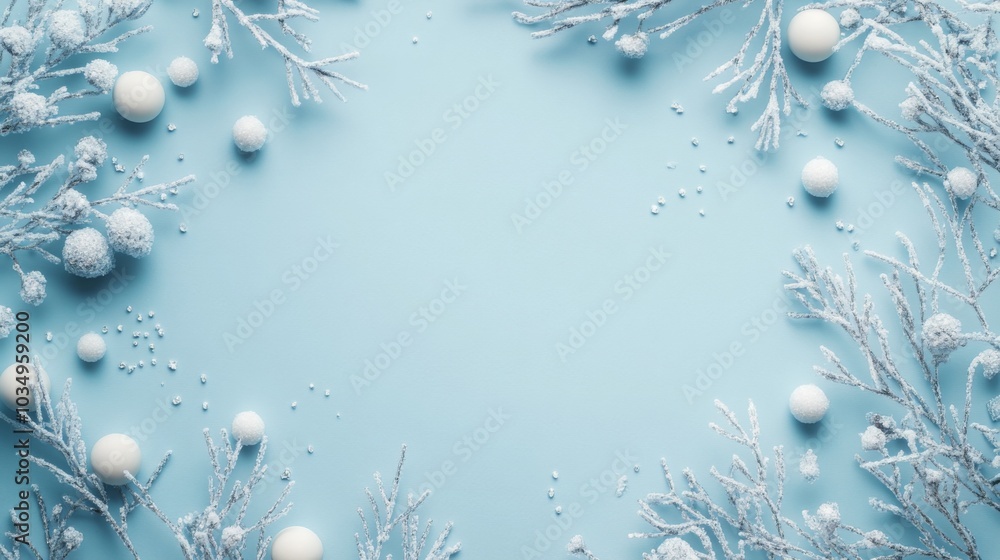 Aufkleber a decorative layout featuring snowy branches and white spheres prominently displayed against a soft 