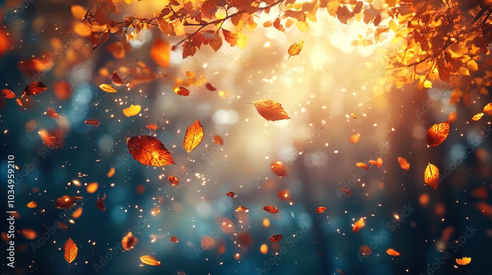 Wall mural a serene autumn scene with golden and orange leaves gently falling from tree branches. the backgroun