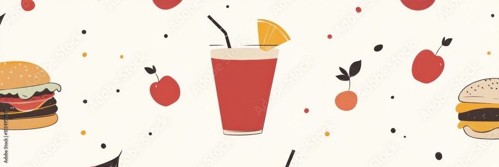 Poster Colorful drinks and burgers are arranged in a charming, minimalistic style, creating an inviting dining atmosphere. Generative AI