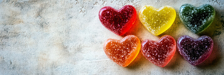 Multicolored jelly candies in the shape of hearts on a white background. Happy Valentine's day. Horizontal banner. Copy space