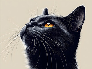 Adorable Black Cat Portrait with Captivating Gaze and Fluffy Fur in Natural Light