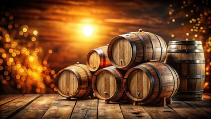 Rustic Old Wooden Wine Barrels on Weathered Wooden Background for Alcohol Aging, Perfect for Banners and Promotional Materials