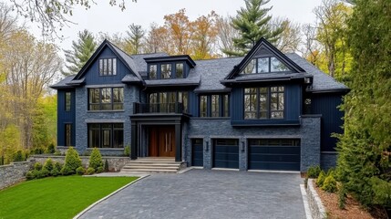 The perfect mix of classic and cutting-edge design in a new property, with dark blue siding, stone details, and a three-car garage.