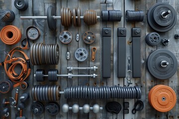 A Comprehensive Collection of Weightlifting Equipment on a Rustic Wooden Background