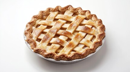 Homemade apple pie with lattice crust on a white background