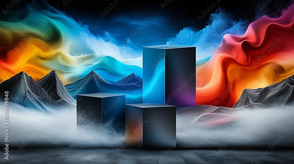 Aufkleber vibrant abstract landscape with geometric forms and colorful waves creating a surreal atmosphere in 