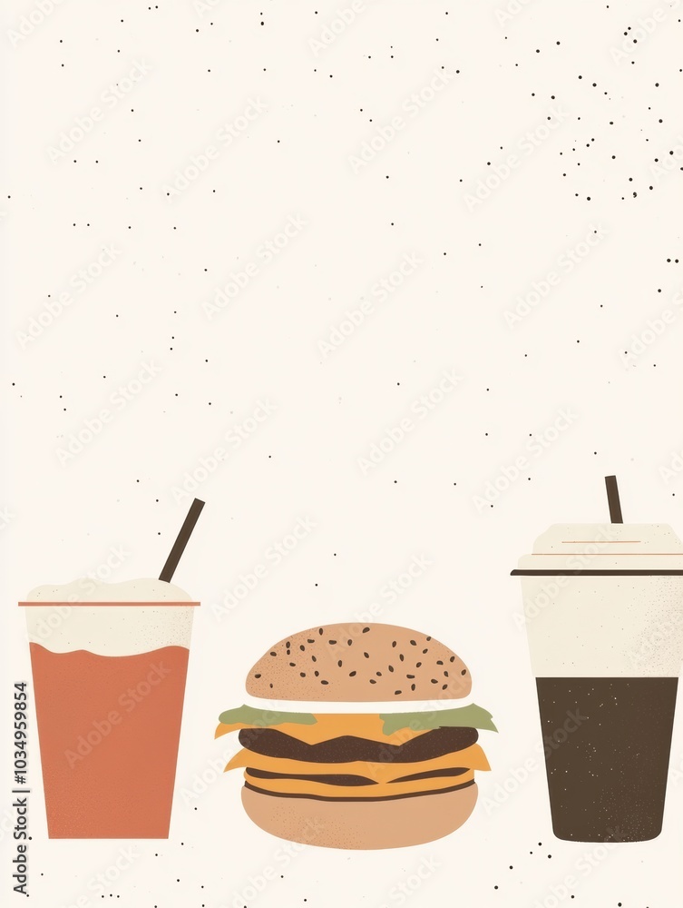 Aufkleber A vibrant arrangement of drinks and a burger showcases a simple yet inviting meal setting perfect for casual enjoyment. Generative AI