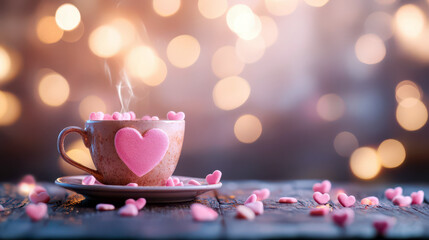 Happy Valentine's day. Horizontal banner. Copy space. Cute romantic card. Cup of coffee decorated with pink hearts on a table, blurred background. White tea cup decorated with heart