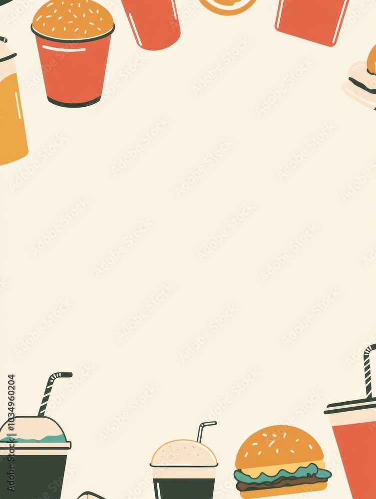 Poster an inviting display of various drinks and burgers set against a simple background, perfect for casua