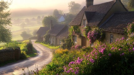 Enchanted Cotswolds vista: Beautiful landscape with blossoming flowers in The Cotswolds of Britain, rolling hills dotted with wildflowers, quaint stone cottages, golden hour glow, impressionistic