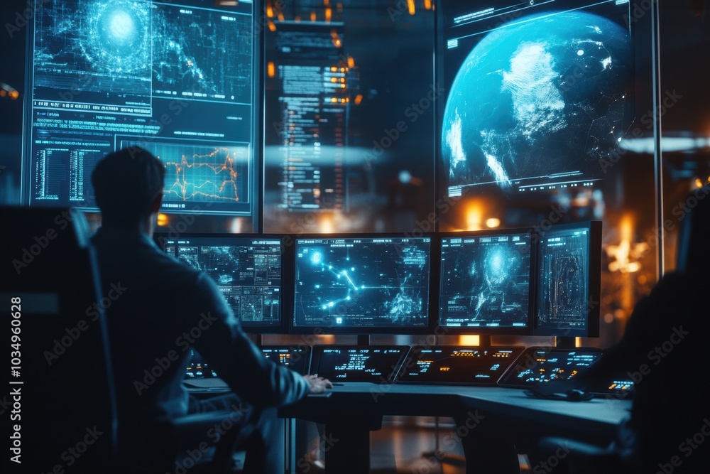 Poster a space mission control room filled with scientists and engineers monitoring an astronaut's journey 
