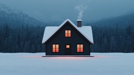 A cozy cabin in a snowy landscape, illuminated windows, and a chimney puffing smoke under a calm, wintry sky.