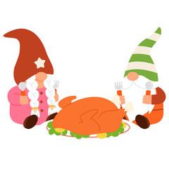 two of cute gnome ready for turkey dinner illustration