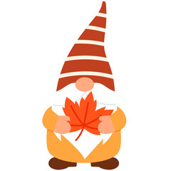 cute autumn gnome is holding is foliage maple leaves illustration