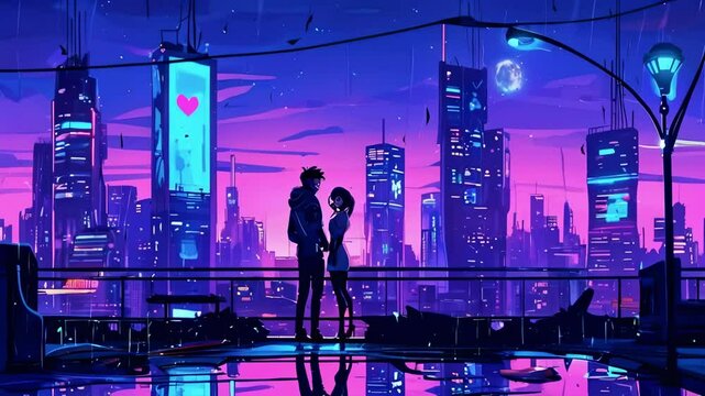 Cartoon Love Story in Cyberpunk City