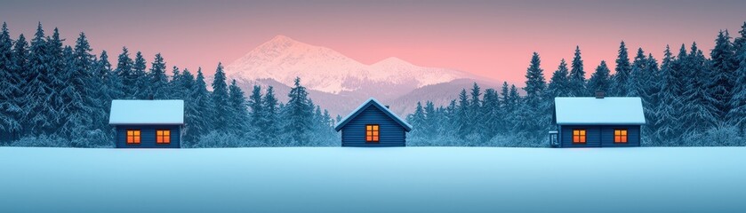 A serene winter landscape featuring three cozy cabins surrounded by snow, set against a backdrop of mountains and a colorful sky at dusk.