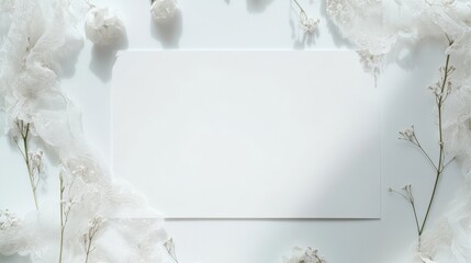 rectangular blank white paper board floats in misty romantic setting delicate lace edges, subtle pearl sheen wispy floral tendrils frame empty space, inviting heartfelt messages minimalist love-story