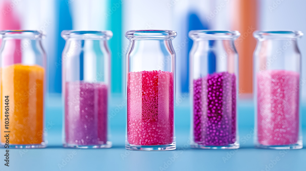 Poster a collection of glass jars filled with colorful beads and grains is neatly arranged on a bright blue