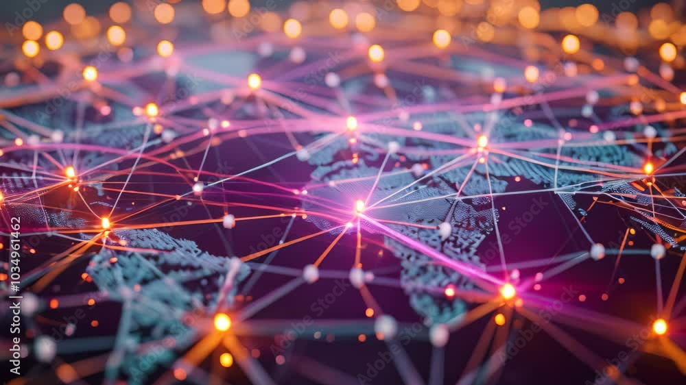 Poster interconnected lines on a map of the world, individuals from different geographical locations linked