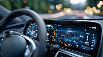 Sleek Futuristic Car Dashboard with Glowing GPS Map and Real Time Navigation  Cutting edge vehicle design featuring advanced digital infotainment system and modern user interface