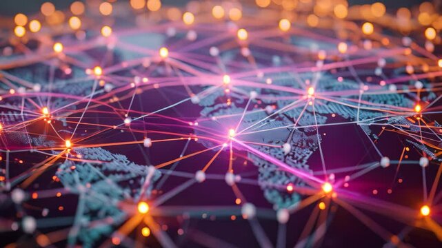 Interconnected Lines on a Map of the World, Individuals from different geographical locations linked together through a blockchain chain