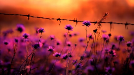 Obraz premium purple wildflowers bathe in sunset's amber glow, their silhouettes elongated across rustic paddock soft focus creates ethereal atmosphere, petals seemingly aflame distant fence line grounds