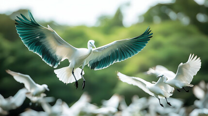 White Bird with Teal Wings Landing with a Flock in the Background