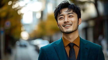 Smiling Man in a Suit Looking Up, City Street Background