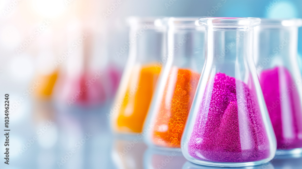 Poster a series of glass beakers filled with vibrant colored powders are arranged on a laboratory table, il