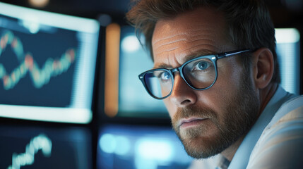 Focused businessman analyzing data on computer screens in modern office