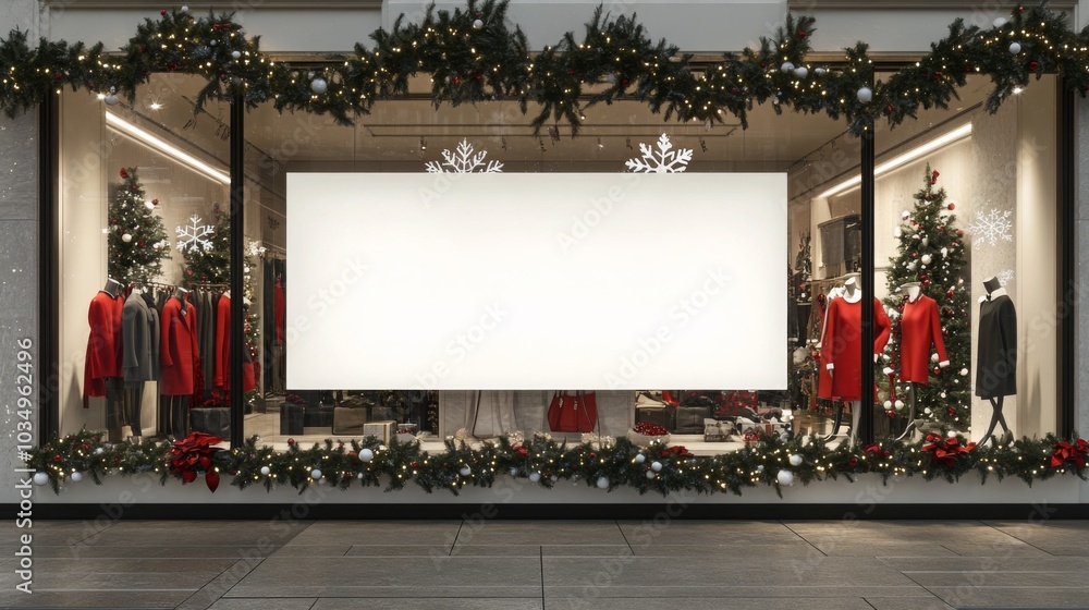 Poster a store window with a large blank sign in the center. there is a christmas tree on each side of the 