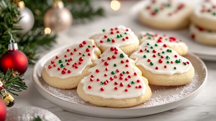 Decorated Christmas cookies arranged on a festive white platter