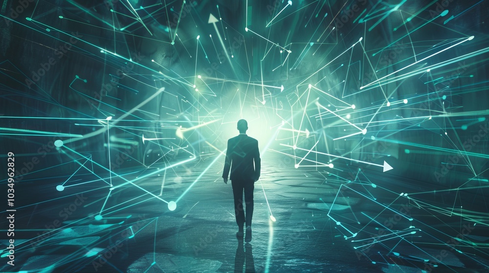 Poster futuristic businessman walking into a digital network with glowing connections and abstract geometri