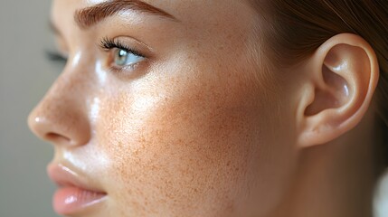 Fototapeta premium Detailed side-by-side view of facial pigmentation, highlighting melasma fading after treatment, smooth and even skin tone, Realistic, Bright Lighting