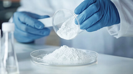 Scientist handling white powder in laboratory experiment with blue gloves and transparent lab equipment