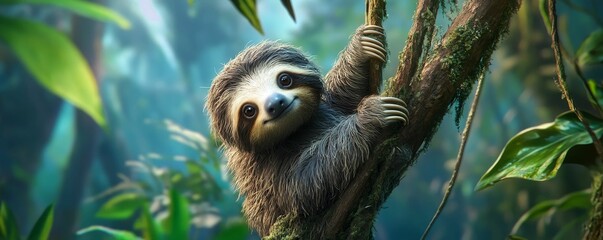 Fototapeta premium A cute sloth hanging on a tree branch.