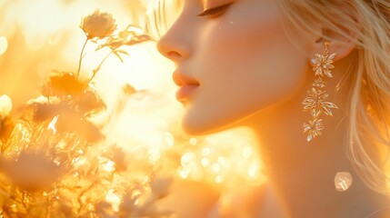 statuesque blonde beauty adorned with intricate gold earrings, their design echoing nature's artistry diaphanous gown flows like water soft-focus floral backdrop creates dreamlike ambiance golden