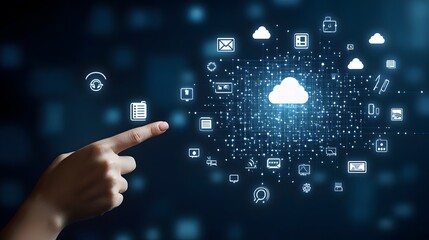 Hand touching a digital screen with icons of technology and online network connection, cloud storage, or security system on a dark blue background