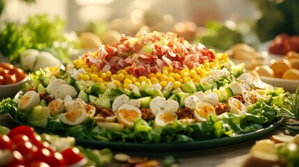 A vibrant Cobb salad showcases fresh ingredients in bright light