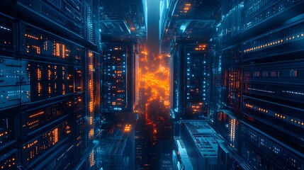 Obraz premium Top view of a futuristic server room, ambient lighting creating a mysterious vibe, seamlessly transitioning into an urban night with towering skyscrapers and glowing streetlights