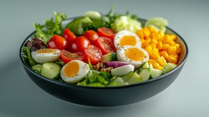 Fresh Cobb salad with ingredients on a modern table setting